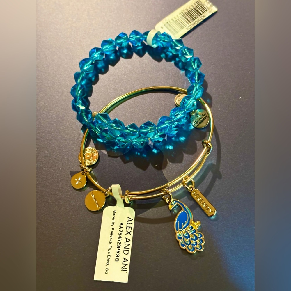 Alex and Ani Blue Crystal Wrap Bracelet with Gold Peacock Charm Bangle NWT